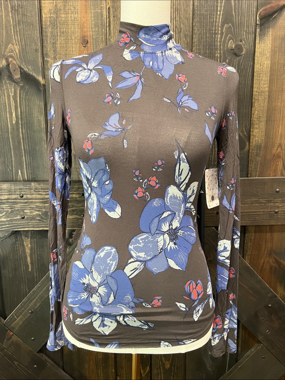 Free People Floral Mock Turtleneck Top XS Button Back Black Multi Mesh Boho NWT‎
